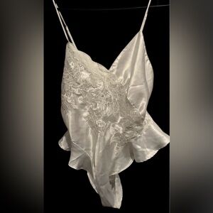 Vintage Natori teddy lingerie body suit clip lace  flare ruffle romantic glam S